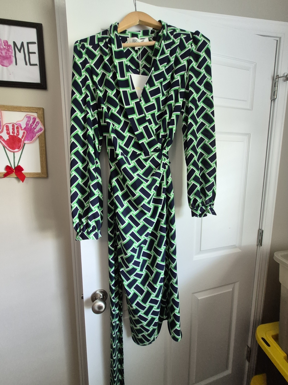 Diane Von Furstenberg Navy and Lime Geometric Long Sleeve Wrap Dress